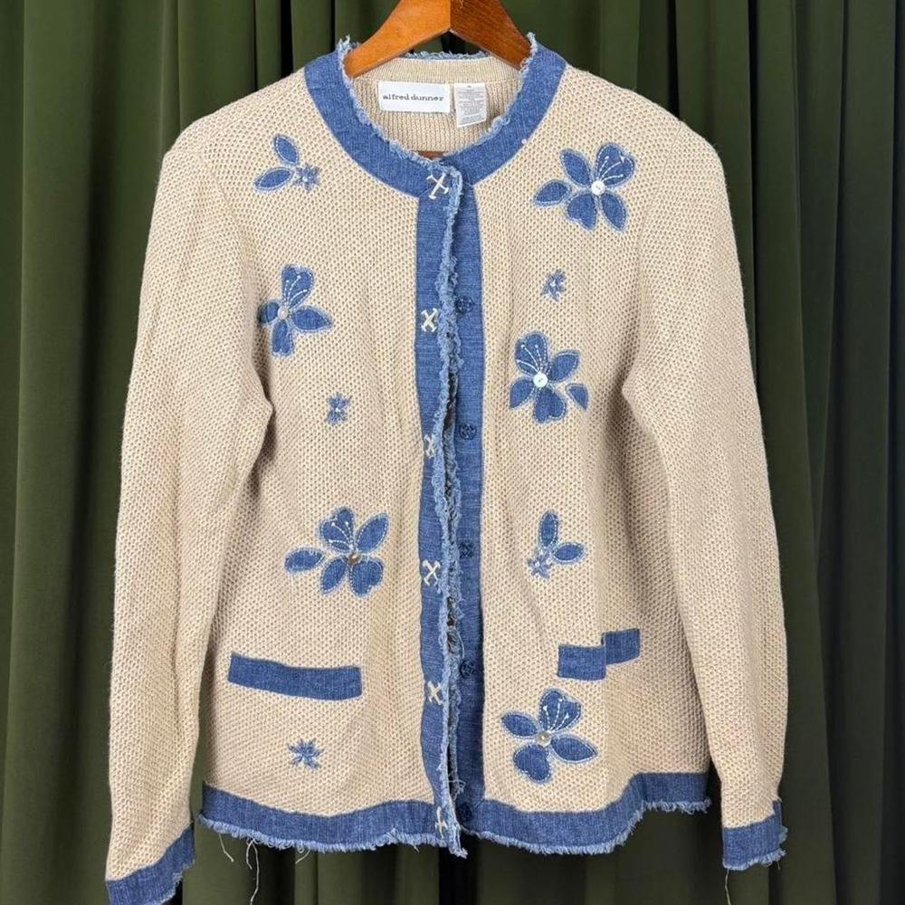 Alfred Dunner Blue Cream Floral Cardigan Frayed Hem Button Front Sweater M